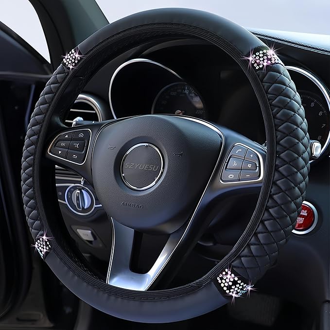 Bling Soft Leather Steering Wheel Cover 15 Inch with Sparkly Diamond Rhinestones for Women and Girls – Elastic Car Accessory for Most Cars (Black)