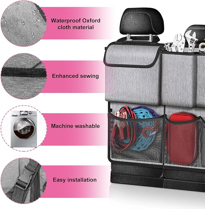 Trunk Hanging Storage Bag, Car Backseat Hanging Organizer with 7 Large Storage Bags, Super Capacity Auto Organizer for SUV, Truck, Van, Universal Interior Car Accessories (Gray)