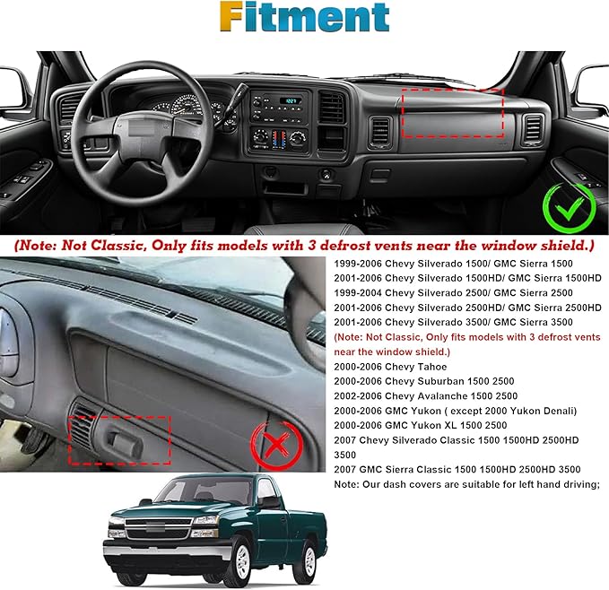 x xotic tech Dashboard Cover Mat Custom Fit Dash Board Non-Slip Carpet Pad Compatible with Chevrolet Silverado Avalanche Tahoe Suburban or GMC Sierra Yukon XL Pickup 1999-2006 (Black)