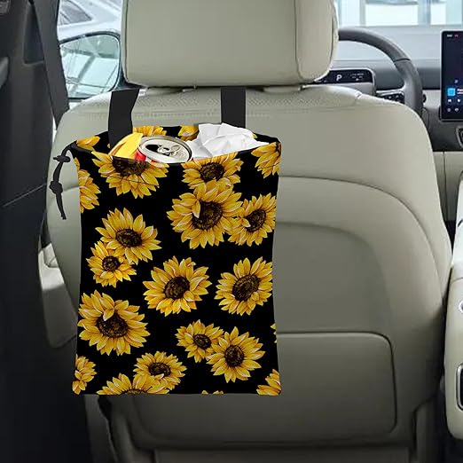 ghatobty Car Trash Bag Sunflower Car Garbage Bag Hanging Car Trash Can for Back Seat with Drawstring