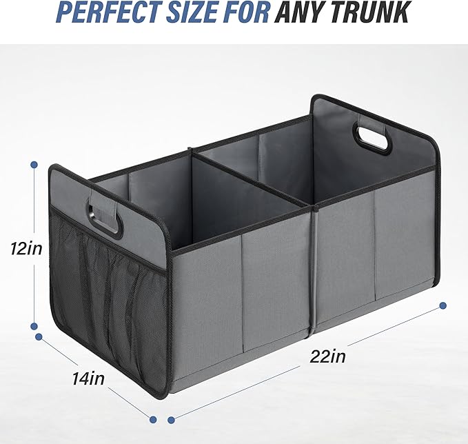 Simple Deluxe Car Trunk Organizer for SUV, Collapsible 2 Compartment 50L Automotive Storage Box with 5 Pocket, 600D Waterproof Oxford Polyester & Non Slip Bottom, Reinforced Handle, Grey, 2 Pack