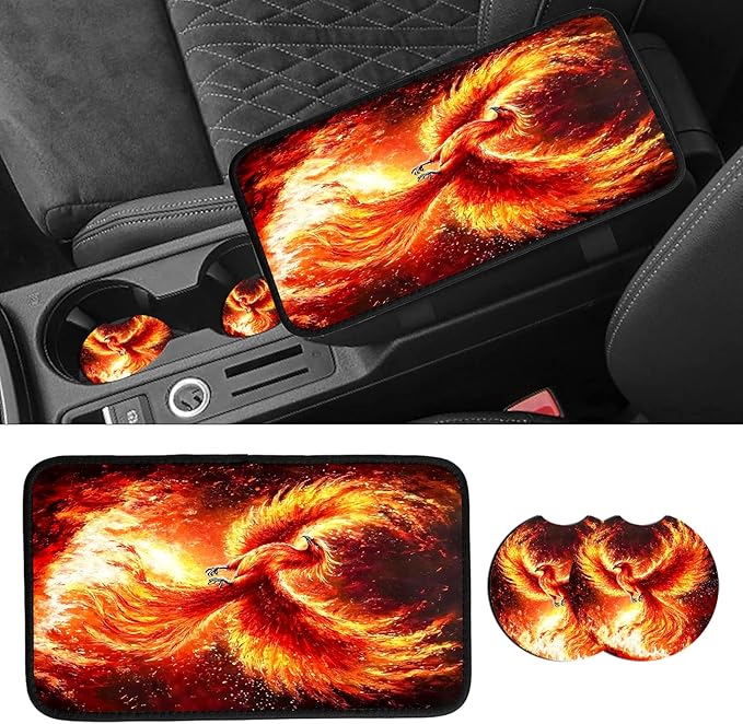 JANENFNA Car Armrest Cover Pads Universal Fashion Cute Auto Center Console Armrest Cover Pad with 2PCS Car Coasters Soft Waterproof Car Armrest Seat Protector for Women,Fiery Phoenix