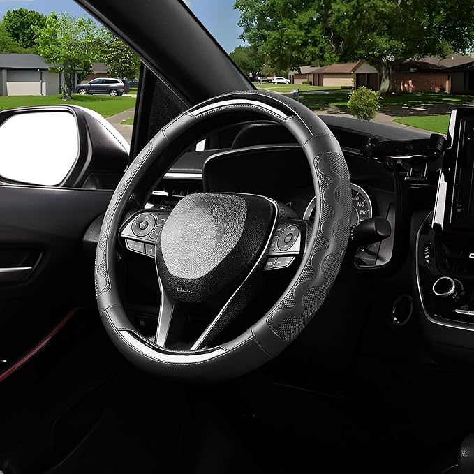 SEG Direct Car Steering Wheel Cover Medium Size 14 1/2"-15" Embossed Microfiber Leather with Carbon Fiber Pattern Black