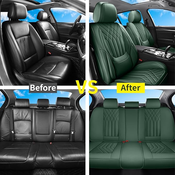 GEZHOUBA Green Car Seat Covers Full Set, Full Coverage Luxury Leather Green Seat Covers for Front and Rear Car Seats Waterproof Anti-Slip Cover Set Universal Fit for Most 5-Seater Cars SUVs