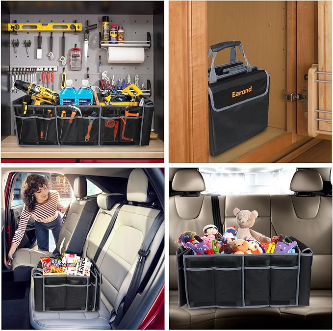 EAROND Car Trunk Organizer with Lid,Collapsible Car Storage Organizer with Multi Compartments and Securing Straps for SUV,Sedan,Jeep-Black & Grey