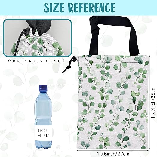 KXWQTRDD Car Garbage Bag Watercolor Green Leaves Hanging Canvas Car Trash Bag Drawstring Car Back Seat Organizer for Car Back Front Seat Console with Adjustable Buckle