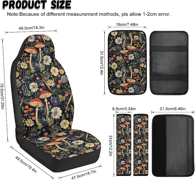 Qeluxign 5 Pieces Car Seat Cover Full Set, Mushroom Floral Seat Covers Car Seatbelt Pads Vehicle Center Console Armrest Cover Pad for Truck SUV Sedan Automotive Interior Decoration Accessorie