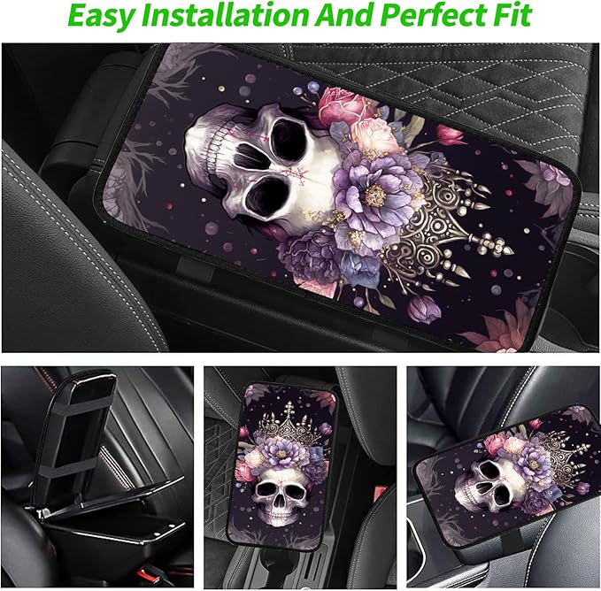 JANENFNA Car Armrest Cover Pads Universal Fashion Cute Auto Center Console Armrest Cover Pad with 2PCS Car Coasters Soft Waterproof Car Armrest Seat Protector for Women,Skull with Crown