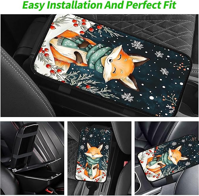 JANENFNA Car Armrest Cover Pads Universal Fashion Cute Auto Center Console Armrest Cover Pad with 2PCS Car Coasters Soft Waterproof Car Armrest Seat Protector for Women,Winter Fox