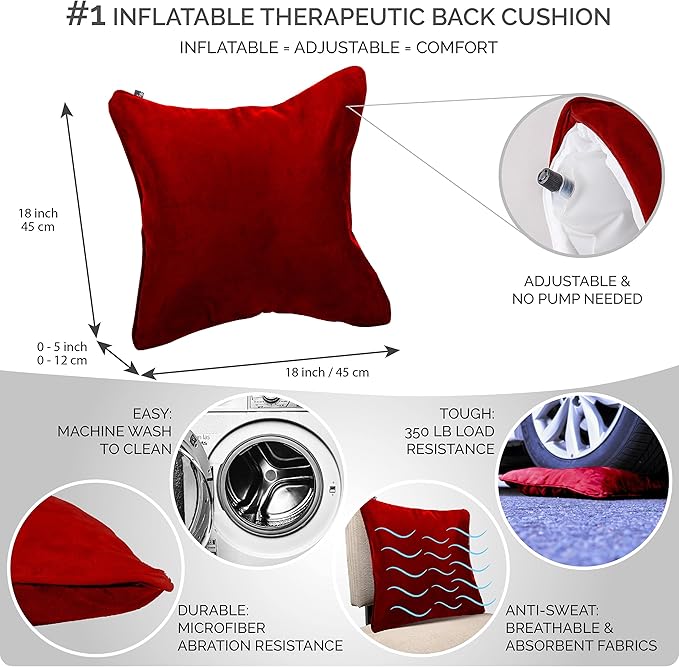 AJUVIA QiPillow - Pain Relieving Lumbar Support Throw Pillows for Couch, 18x18in Inflatable Ergonomic Back Support Square Pillow for Car, Chair and Recliner (Burgundy)