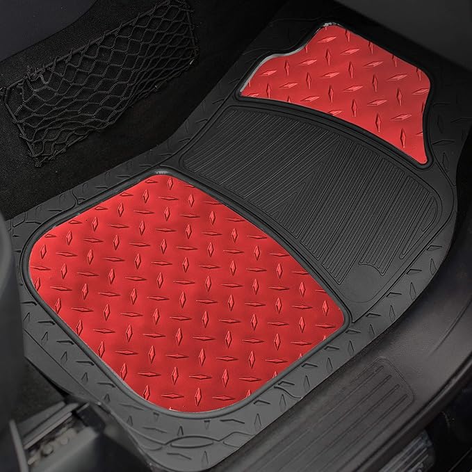 FH Group Automotive Floor Mats - Heavy-Duty Metallic Rubber Floor Mats for Cars, Universal Fit Full Set, Climaproof & Trimmable Floor Mats for Most Sedan, SUV, Truck, Red