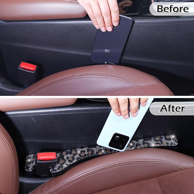Briwill Bling Leopard Car Seat Gap Filler, Set of 2 Handmade Crystal Rhinestone Diamond Bling Cheetah Car Gap Filler Fit for Car Truck SUV Cheetah Print Car Accessories(Leopard)