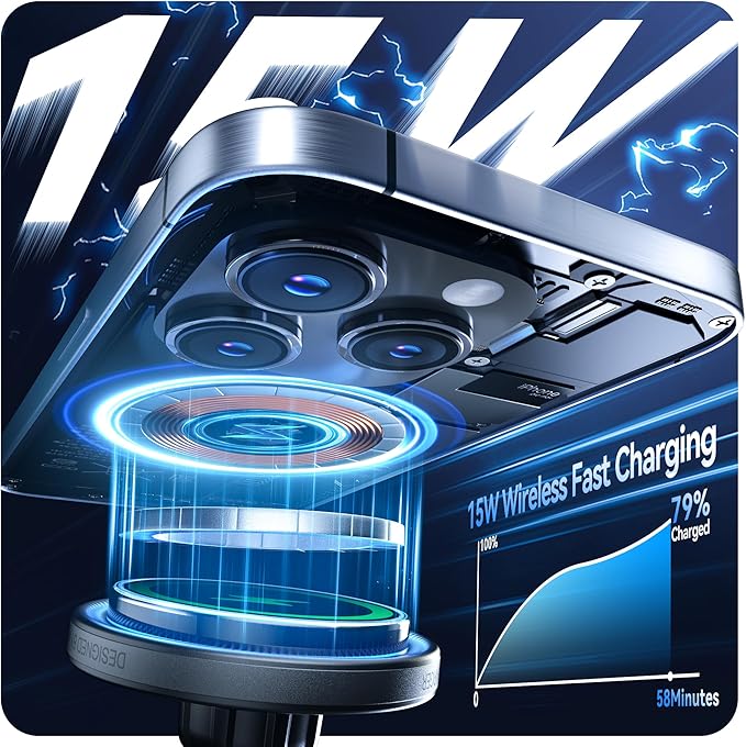 Beser 15W for MagSafe Car Mount Charger, (3.81 lbf) Magnetic Qi Wireless Car Charger, Vent/Dashboard, Phone Holder Mount for iPhone 16/15/14/13/12 Series, Fast Charging, Aluminium, Black