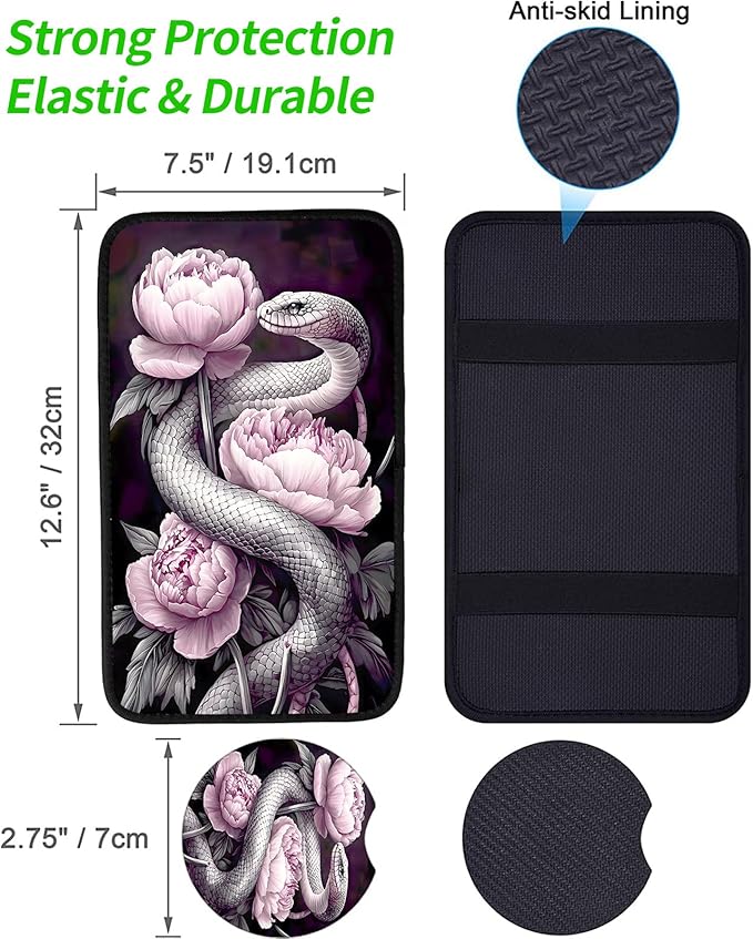 JANENFNA Car Armrest Cover Pads Universal Fashion Cute Auto Center Console Armrest Cover Pad with 2PCS Car Coasters Soft Waterproof Car Armrest Seat Protector for Women,Snake Pink Peonies