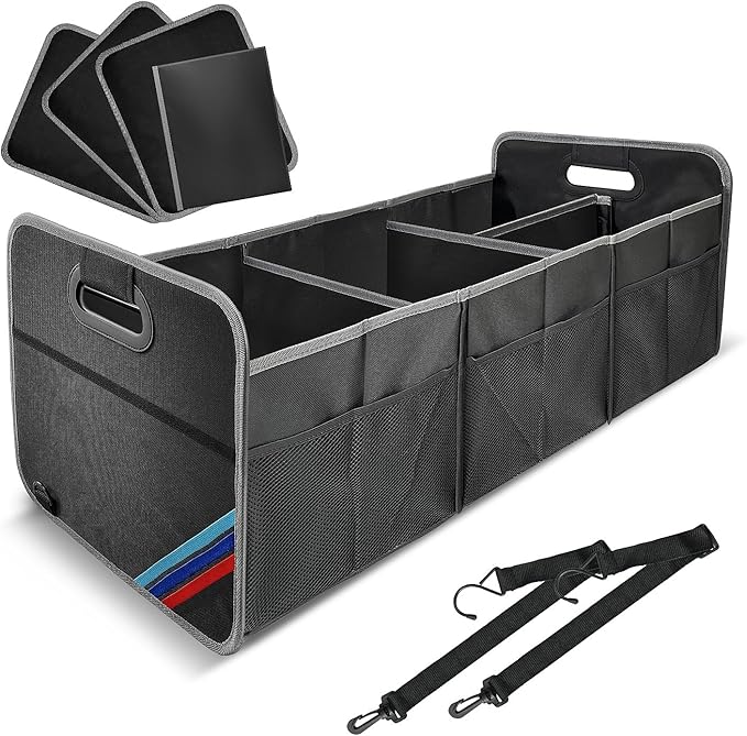 Junsungo XL Car Trunk Organizer, 4 Compartments, 94L Capacity, Oxford Polyester 600D Material, Easy Fold and Store, Prevents Sliding