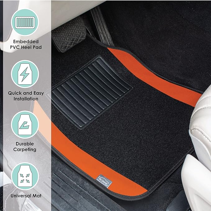 FH Group Automotive Floor Mats – Universal Fit Premium Carpet Car Mats with Driver Heel Pad, Full Set for Cars, SUVs & Trucks - Orange