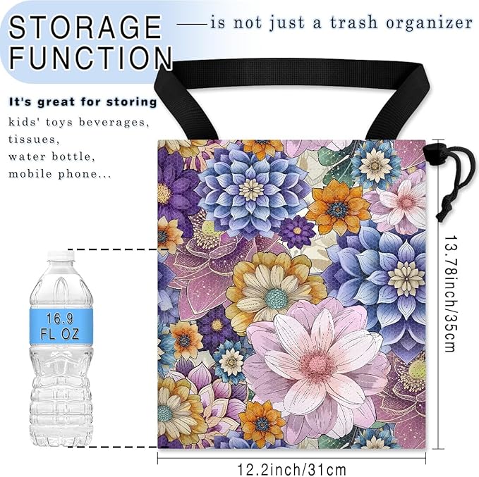 GEGEPINK Car Trash Bag Hanging Back of Seat Waterproof Small Cute Printed One-Handed Strap Drawstring Garbage Bags for Car-Purple Boho Floral