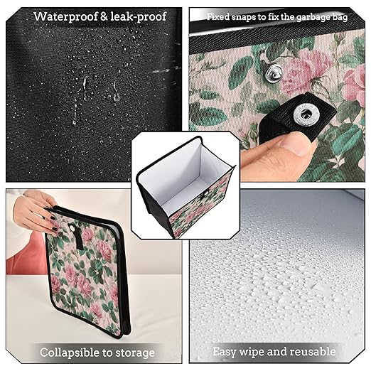 Car Trash Can Organizer Bin with Adjustable Strap for Back Front Seat Console Waterproof Leakproof Collapsible Portable 8.66 Inch Pink Vintage Roses with Leaves