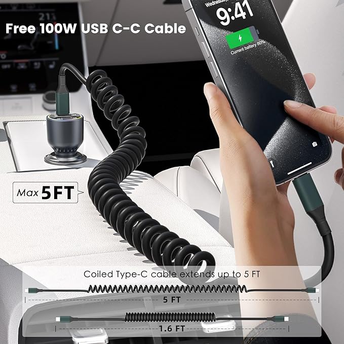 160W USB C Car Charger Fast Charging,HUNDA USB Car Cigarette Lighter Splitter with 3 Ports PD 100W&PD 30W Fast Charge Car Charger for iPhone 15/15 pro/15 Pro Max,Galaxy s24/s23/s22 ect