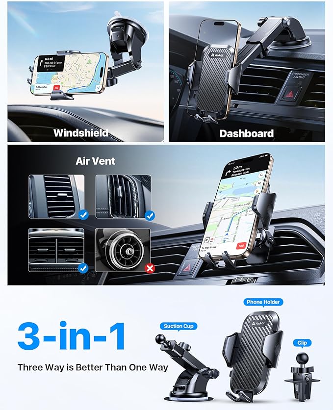 andobil Car Phone Holder, 2026 Military-Grade 89lbs Strongest Suction Phone Holders for Your Car Dashboard/Windshield/Vent Easy Clamp Car Phone Mount Stand for iPhone 17 16 15 14 13 Pro Max Samsung