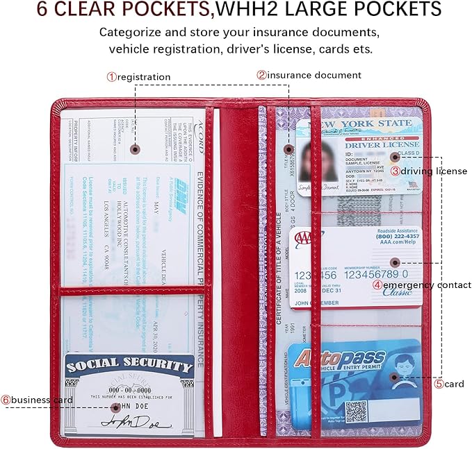 Peisicne Car Registration and Insurance Card Holder for Women Men, Red Glove Box Paperwork Organizer with Magnetic Buckle for Easy Access and Protect Documents and Various Cards in Vehicle
