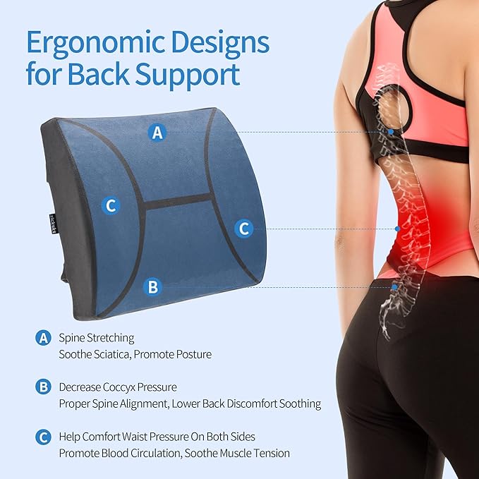 Zickskt Lumbar Support Pillow for Office Chair - Memory Foam Back Cushion for Chair, Car, Couch - Lumbar Pillow Promotes Better Posture, Back Pain Relief with Adjustable Strap & Non-Slip