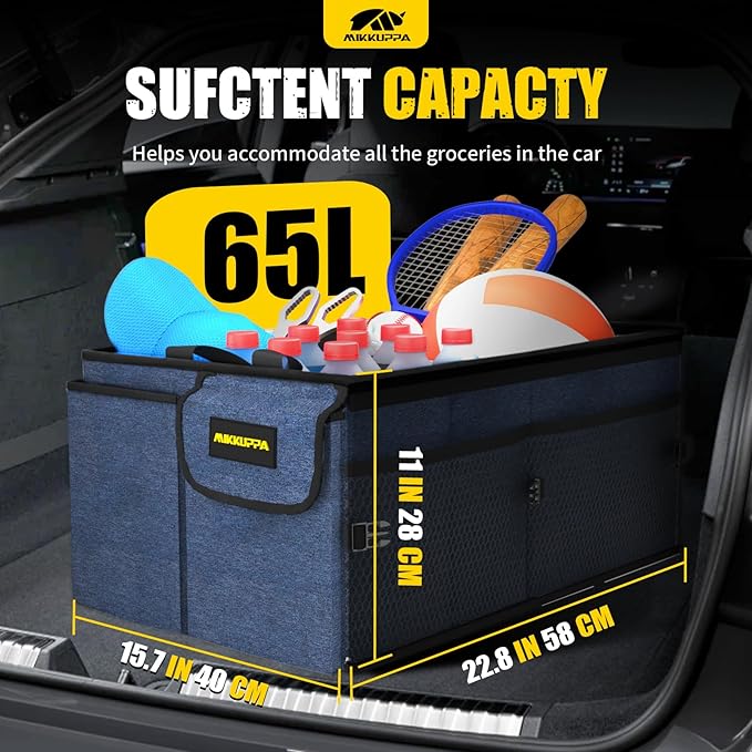 MIKKUPPA Car Trunk Organizer with Cooler - 65L Collapsible Trunk Organizer with Lid, Sturdy Car Storage for SUV Auto Truck Van with Adjustable Straps and Non Slip Bottom (Blue)