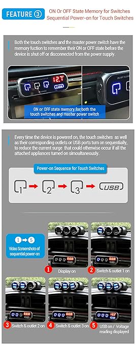 RS-21S 3-way Car Cigarette Lighter Splitter/Adapter/Charger + 2 USB 3.4Amp, with Remote Touch Sensor Switch