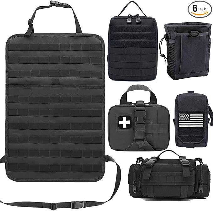 Car Truck Seat Back Organizer Tactical Molle, Upgrade Tactical Vehicle Panel Organizer with 5 Detachable Molle Pouch, Universal Fits for Most of Vehicle (Black)
