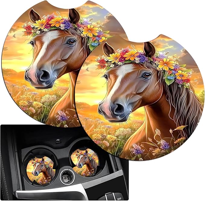 JANENFNA Car Armrest Cover Pads Universal Fashion Cute Auto Center Console Armrest Cover Pad with 2PCS Car Coasters Soft Waterproof Car Armrest Seat Protector for Women,Sunset Flower Horse