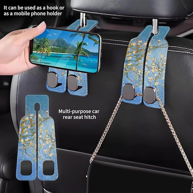 AEWNUNK 1 Pack Car Seat Headrest Hooks for Purses Abstract Blossoming Almond Tree Bag Purse Holder for Car with Double Metal Hooks Car Purse Hanger Hanging Accessories