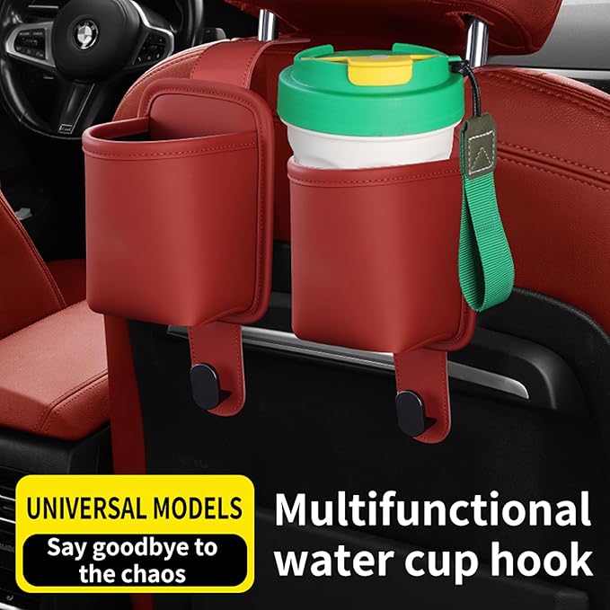 2-Pack Car Seat Back Cup Holder Organizer, Faux Leather Car Cup Holders with Hooks, Universal Backseat Storage for Drinks, Bottles & Travel Accessories (Red)