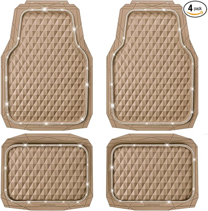 CAR PASS Bling Diamond Rubber Car Mats, Heavy Duty Deep Dish All-Weather Floor Mat Full Set Anti-Slip 3D Rhombus Waterproof Trim Fit Liner Universal Glitter Sparkly Shining Rhinestone, Beige Rubber