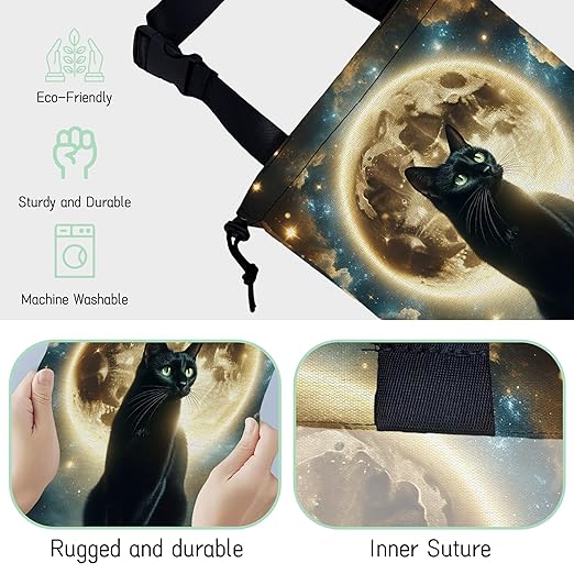 NHNXHWIA Black Cat Car Trash Bag,Full Moon Hanging Drawstring Car Garbage Bag,Waterproof Canvas Car Back Seat Organizer with Adjustable Buckle,for Vehicles,SUVs,Camping,Road Trips