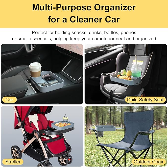 Car Seat Snack Tray for Kids, Square Car Seat Cup Holder Snack Tray with Adjustable Base, Durable CarSeat Tray for Toddlers, Universal Fit for Tesla, Safety Seats, Car Center Consoles (Gray)