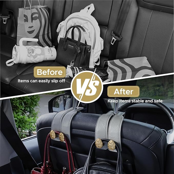 URIZZD 2PCS Leather Car Seat Hooks for Headrest, Vehicle Hanger Storage Organizer Universal for Handbag Purse, Car Accessories Gift (Grey-Gold)