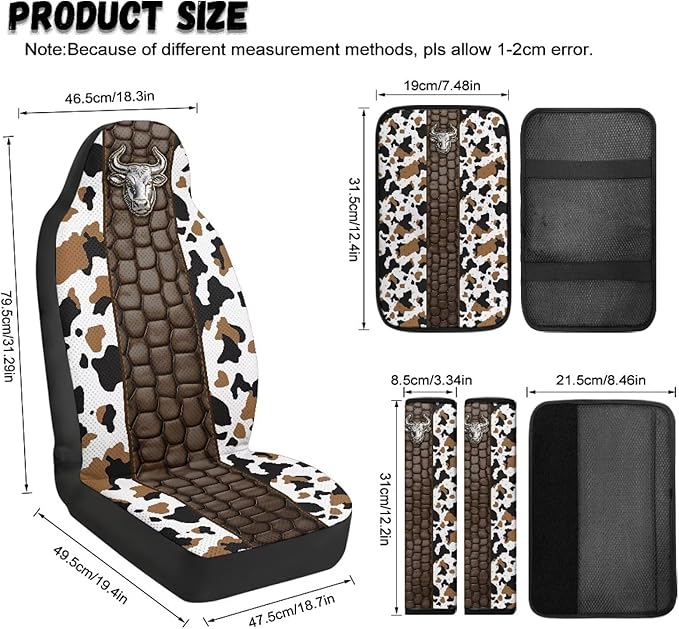 Qeluxign Cow Print Bull Automotive Seat Covers 5 Piece Universal Fit Car Accessories with Soft 2 Pack Seat Belt Cover Pads and Center Console Armrest Covers for SUV Truck Interior Set