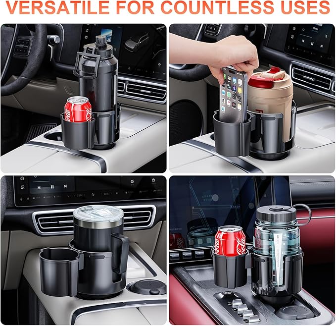 2-in-1 Car Cup Holder Expander, Upgraded Cup Adapter for Car with Offset Option,Phone Holder - Adjustable Base,Versatile Car Accessories Fits Yeti,Hydroflask & Large Water Bottles in 2.2"-4.2" (Black)
