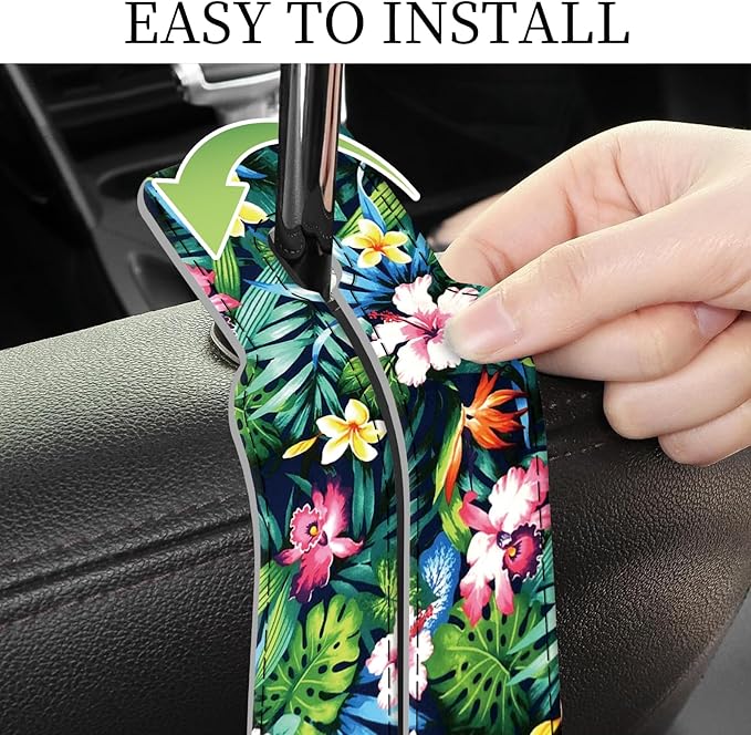 AXRQLSU PU Leather Car Seat Hook, Storage Headrest Hanger, Cute Car Backseat Organizer, Car Hooks for Purses and Bags Tropical Hibiscus Leaves