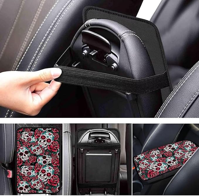 Rose Sugar Skull Car Center Console Cover Breathable Soft Car Armrest Cover Cushion Non Slip Middle Console Protector Mat Sugar Skull Auto Interior Accessories Decor