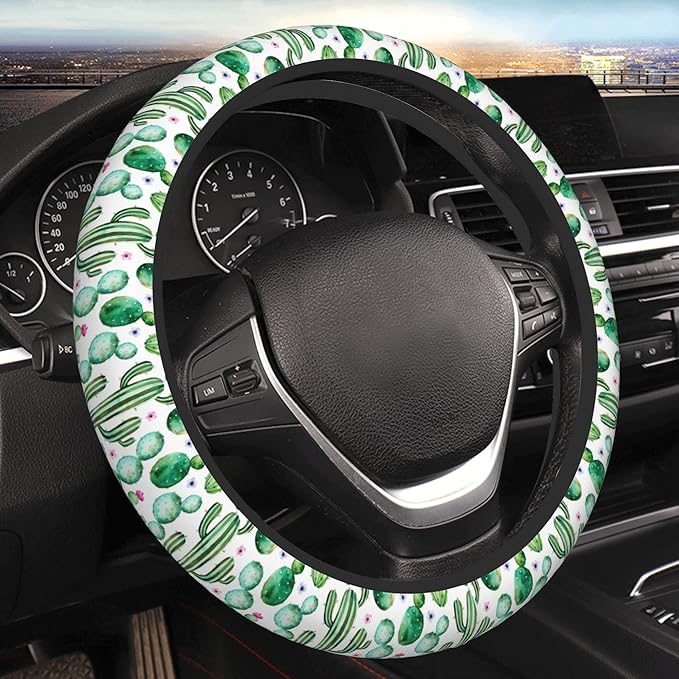 Green Cactus Steering Wheel Cover for Women Men Girls, Universal 15 Inch Cute Anti Slip Steering Wheel Protector Car Accessories Interior for Auto Truck SUV