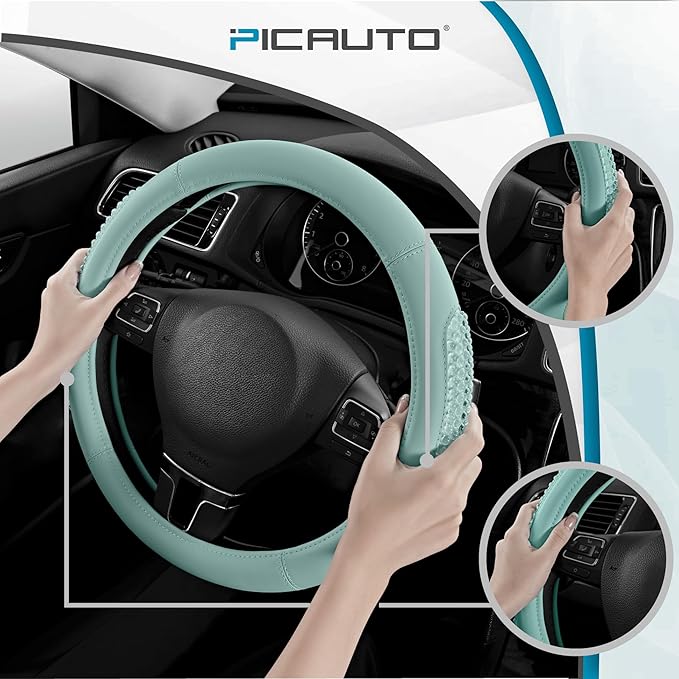 PIC AUTO Steering Wheel Cover, Glitter Gel Particles & Mint Luxury Leather Car Steering Cover, Universal Fit 14.5"-15.5" Anti-Slip Car Wheels Cover for Girls & Women