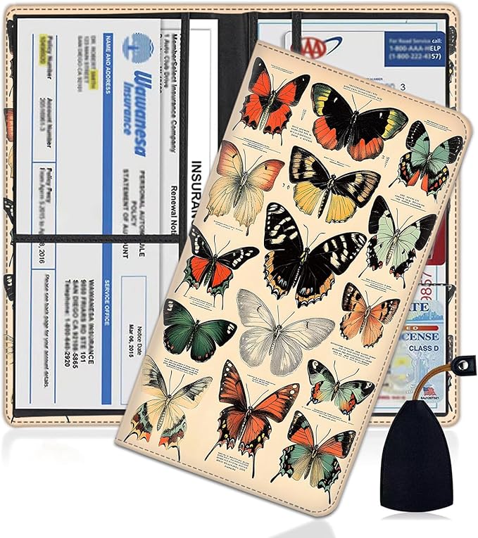 Car Document Holder with Magnetic Shut, Car Registration and Insurance Card Holder, Vehicle Glove Box Organizer Documents, Driver License, Auto Paperwork Organizer Wallet, Colorful Butterfly Species