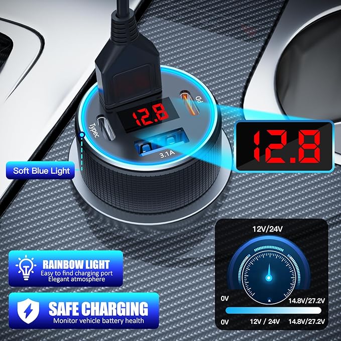 Car Charger with USB C Cable, 78W 4 Port Car Phone Charger Adapter Fast Charging, Dual USB C Car USB Adapter for iPhone 17 16 15 14 13, iPad, Samsung Glaxy, Android (Black & Cable)