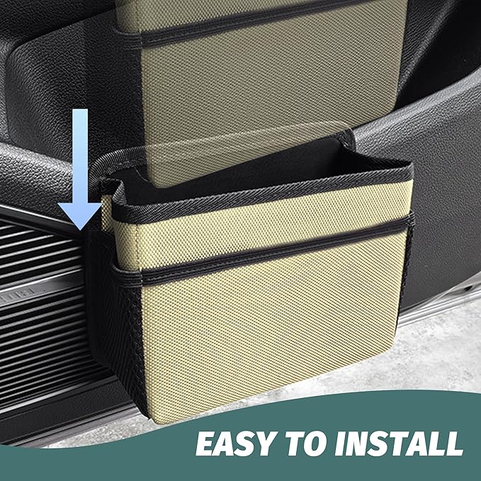 Car Trash Can, Foldable Mini Vehicle Trash Bin Garbage Organizer Holder, Waterproof Hanging Mini Auto Dustbin Accessories Storage Container for Vans, SUVs (beige)