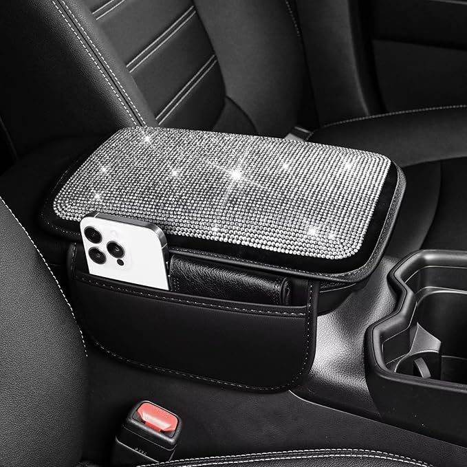 YORKNEIC Bling Center Console Cover Fit for Ford Bronco Sport: Armrest Cover with 2 Storage Pockets, Crystal Rhinestone Car Arm Rest Cover Pad Design for Protection(Silver Diamond)