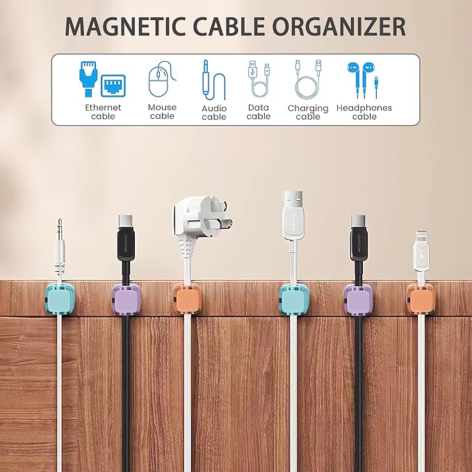 6 Pack Magnetic Cord Organizer & Cable Clips - Adjustable Under Desk Cable Management, Adhesive Wire Holder for Home, Office, Phone, Car, Wall, and Nightstand (Color Mixed)