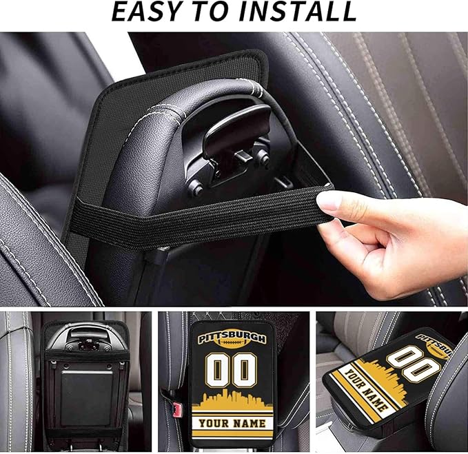 Custom Pittsburgh Car Armrest Covers Personalized Football Style with Name Number Customized Auto Center Console Pad Car Handrail Box Cushion for Most Vehicle Decor Accessories, Fans Gift