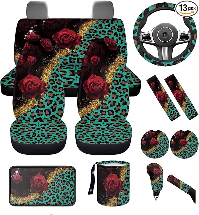 Dngkaoje Leopard Rose Print Car Seat Covers Full Set for Women Auto Interior Protector Front Back Seat Rugs 13 Pcs Leopard Steering Wheel Cover Car Armrest Pad Cover,Universal Collapsible Garbage Bin