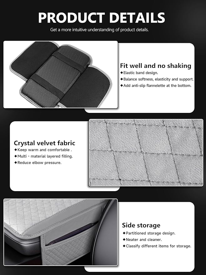 Cxtiy Car Center Console Cover,Microfiber Warm Soft Car Armrest Cover Cushion with 2 Storage Bags,Universal Car Armrest Storage Box Car Interior Accessories for Most Vehicles (Grey)